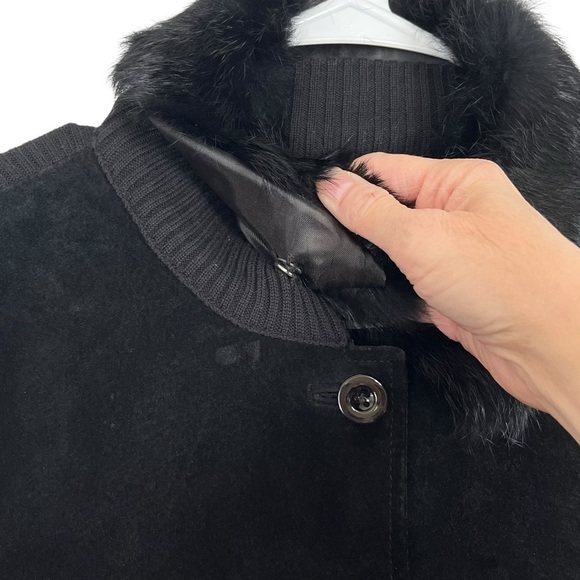 Escapade 100% Genuine Suede Front with Rabbit Hair Collar Women’s Black Jacket - Picture 6 of 9